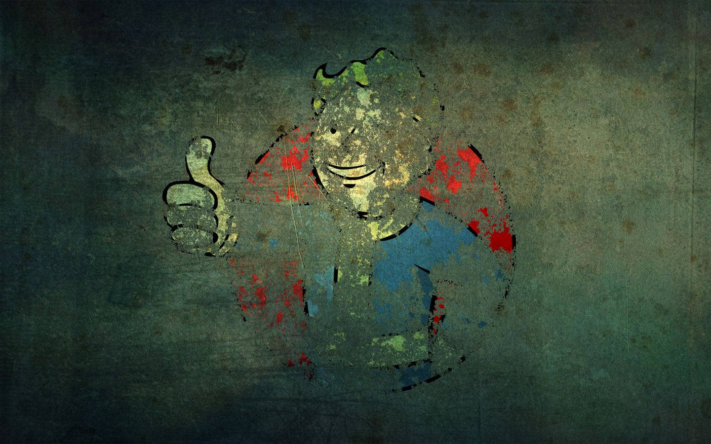 與Vault Boy一同迎接廢土挑戰 壁紙 — 一個風化的避難所小子吉祥物在粗糙紋理背景上豎起大拇指，背景有紅色和藍色油漆飛濺。