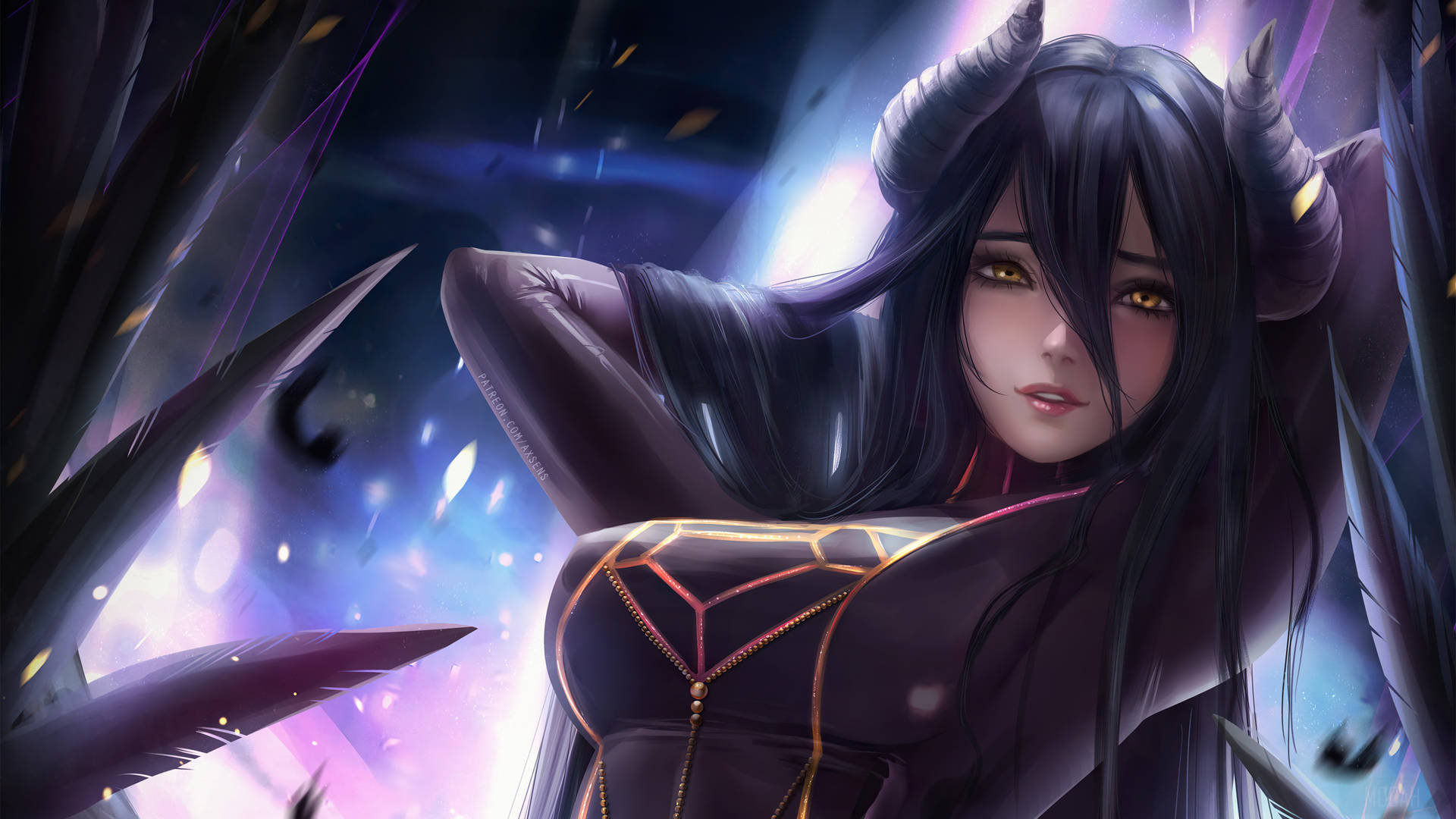 動漫女惡魔，有角和發光的眼睛，在宇宙紫色背景中
