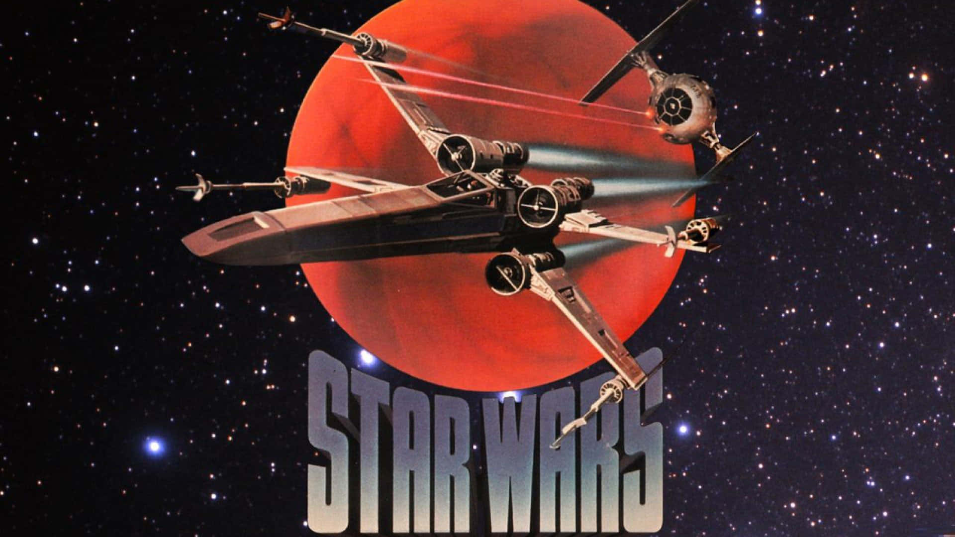 與X-Wing一同翱翔戰鬥 壁紙 — X-wing 星際戰機在滿天星斗的太空場景中，對著一顆巨大的紅色星球翱翔，並帶有「STAR WARS」標誌。