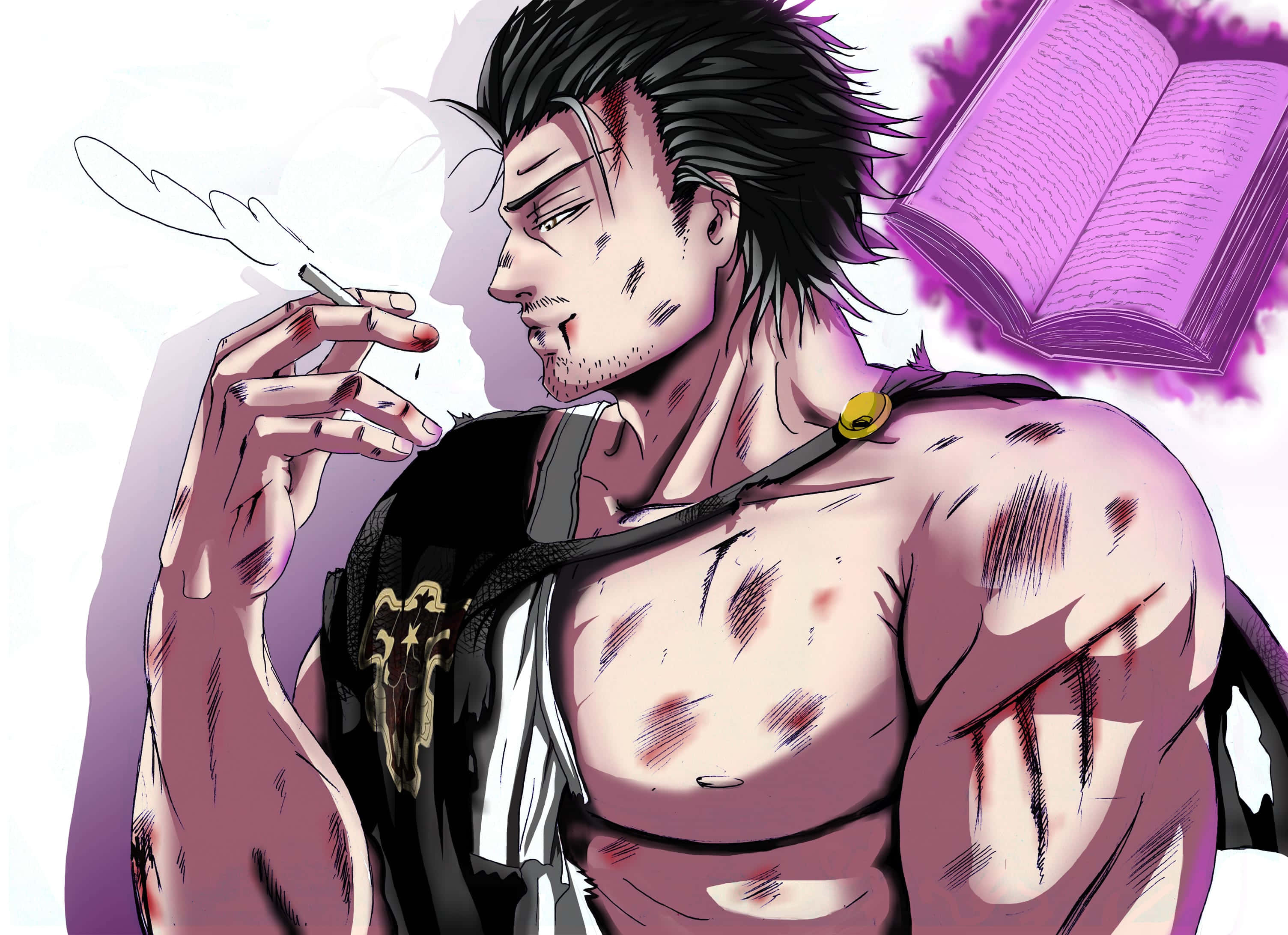與Yami一同體驗《黑執事》的驚險冒險 壁紙 — 一個有疤痕的肌肉動漫男人在發光的紫色書本旁邊抽煙。