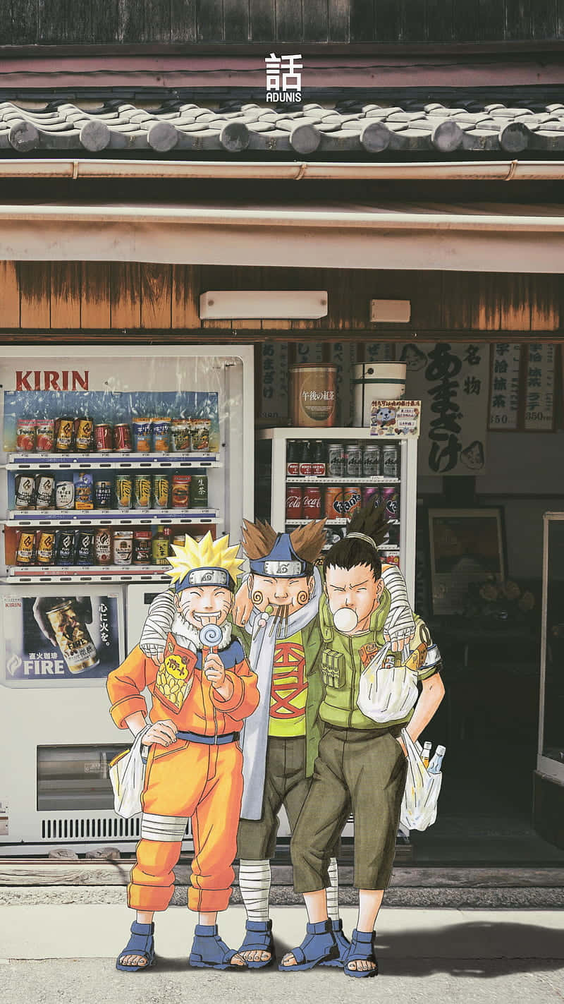 三個動漫忍者角色在日本便利店前擺姿勢。