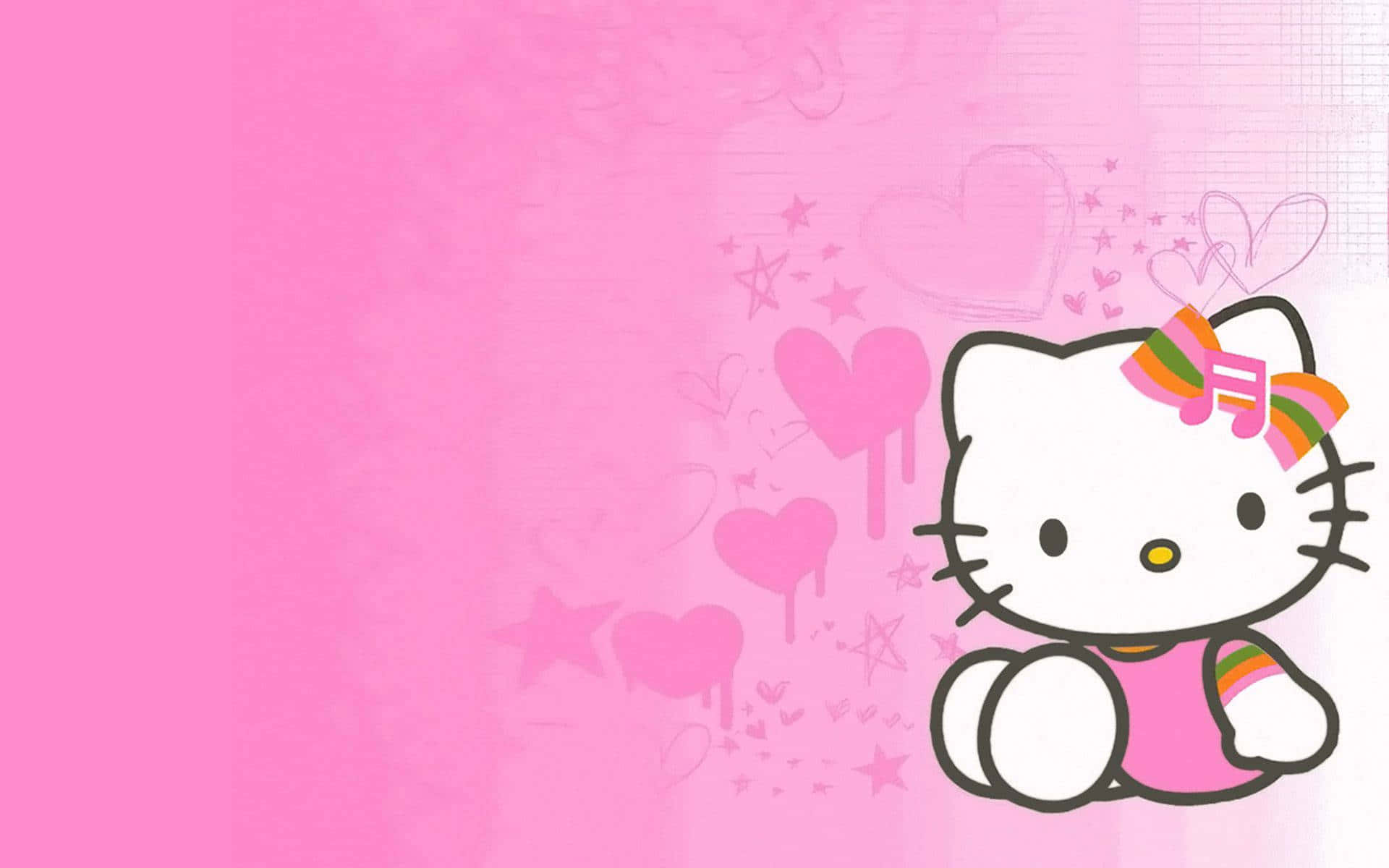 Hello Kitty 卡通角色帶住彩虹蝴蝶結喺粉紅色心形同星星背景上