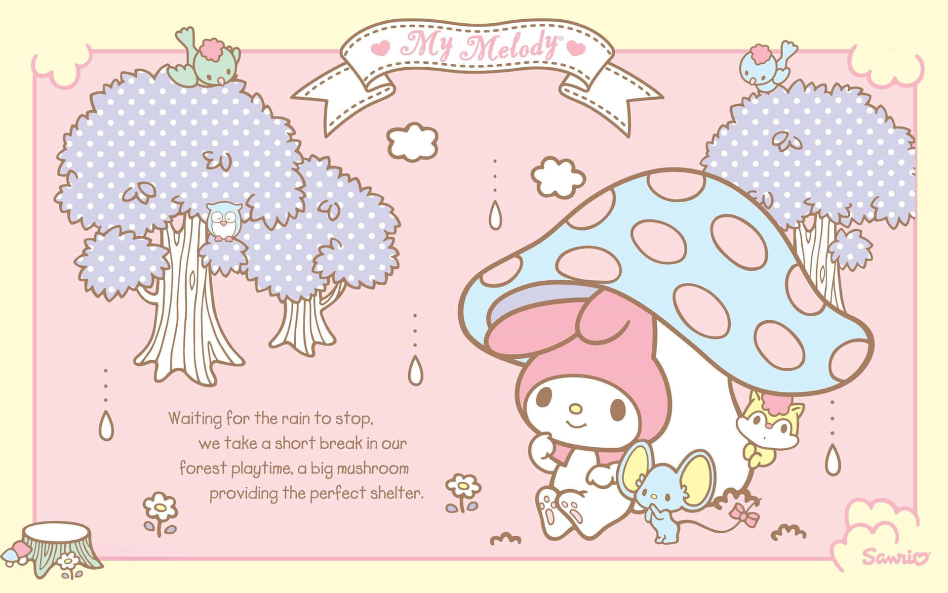 My Melody 和朋友們在奇幻森林中下雨時躲在蘑菇下。