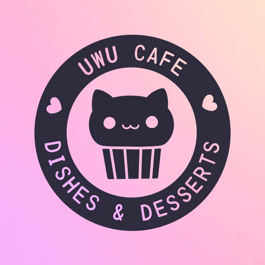 Uwu Cafe 標誌，以粉紅色漸變背景上的黑貓杯子蛋糕為特色。