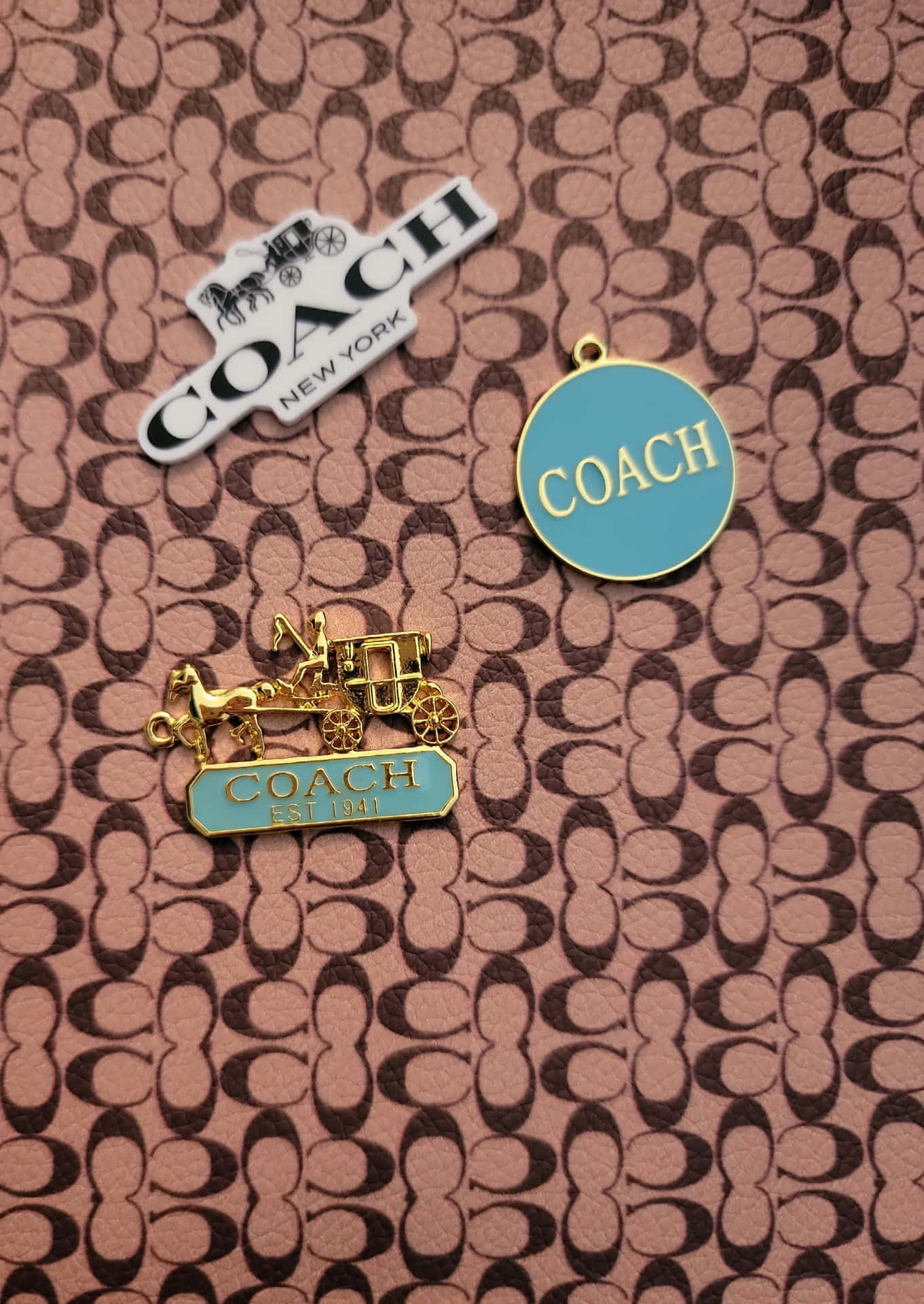 三個Coach品牌別針在標誌性圖案皮革背景上。