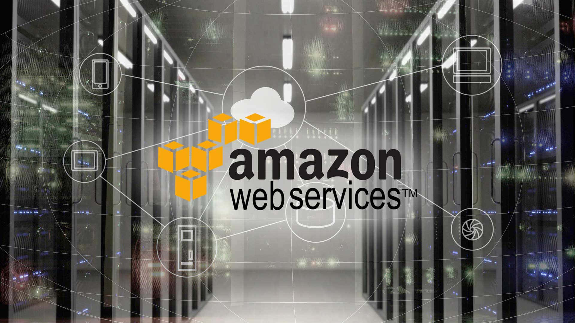 Amazon Web Services 標誌，帶有伺服器機架和數據中心內的數字圖標。