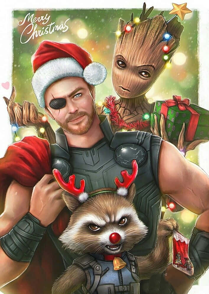 Thor、Groot 和 Rocket Raccoon 穿著聖誕服裝一起擺姿勢。