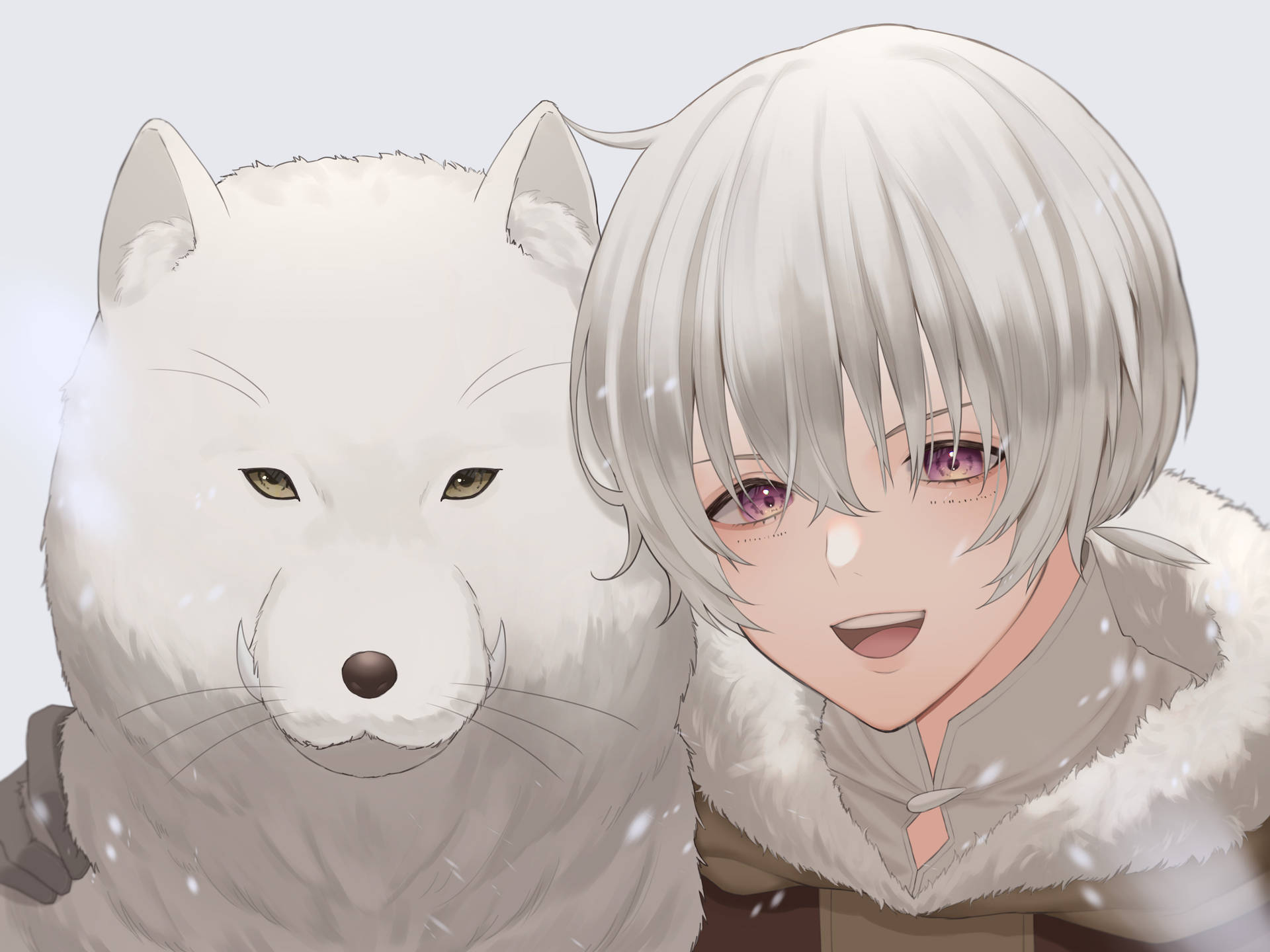 動畫男孩，銀色頭髮和紫色眼睛，在飄雪中擁抱一隻白狐。