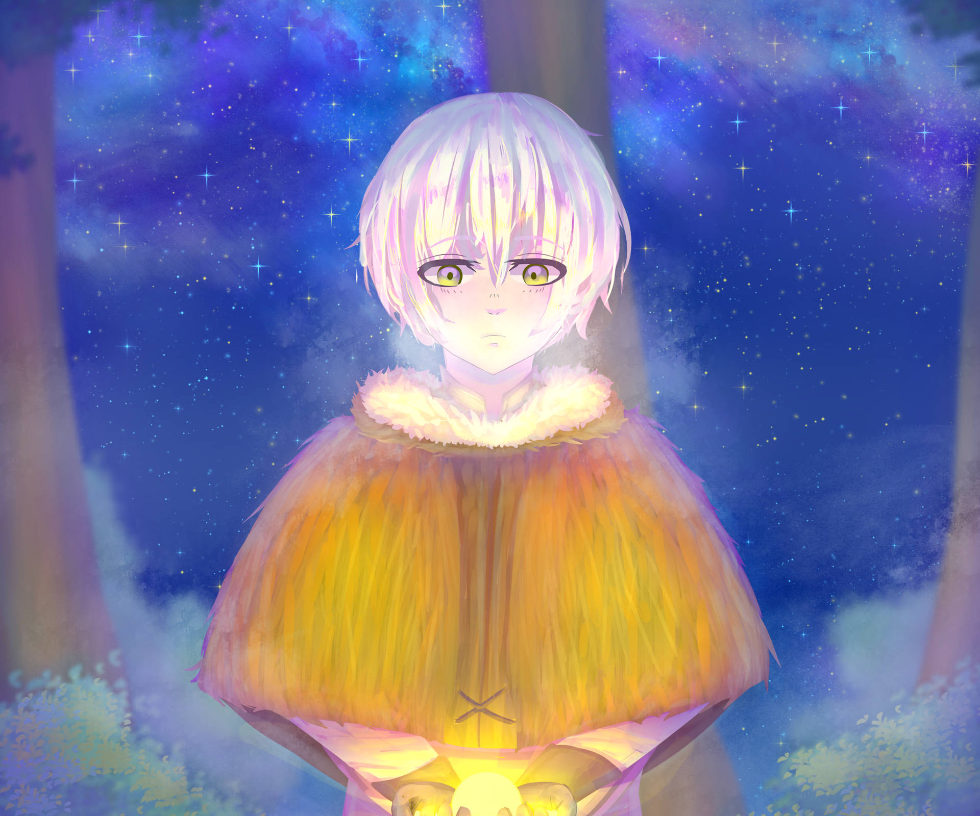 森林星空下穿著發光斗篷的動漫角色