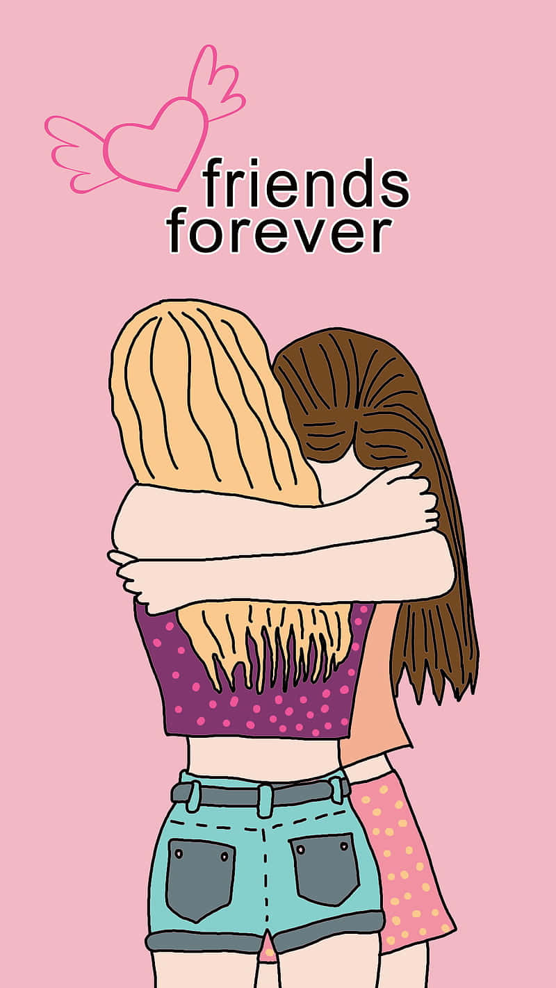 兩個朋友擁抱，上面有「friends forever」字樣同帶翼心形。