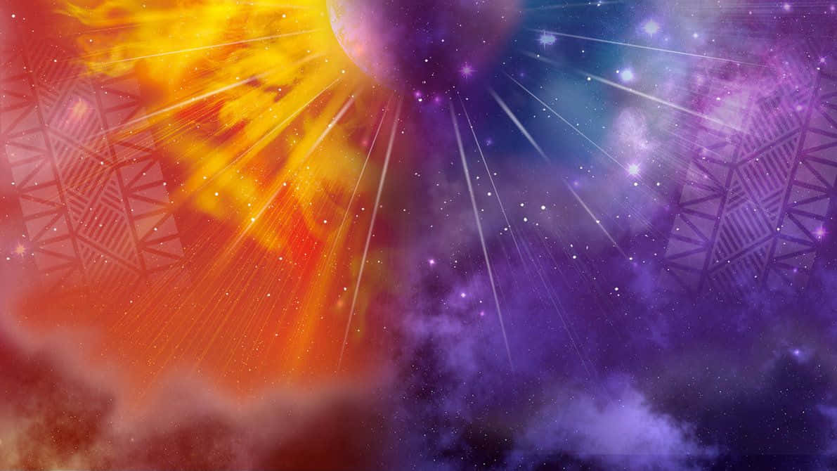 宇宙空間，有熾熱的太陽和紫色星雲，由幾何格子框住。