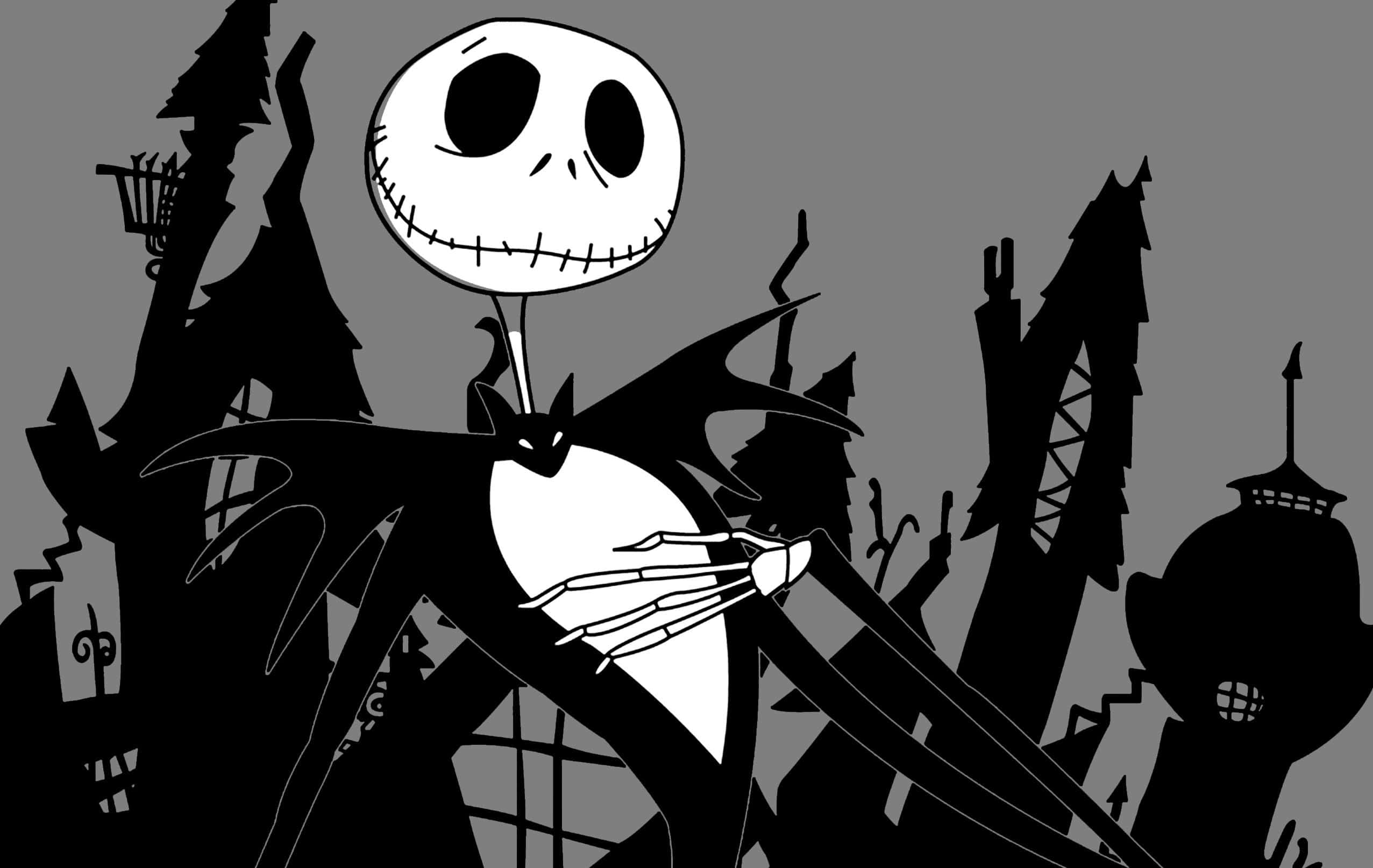 Jack Skellington 在詭異墓地中，有鬼屋和扭曲樹木。