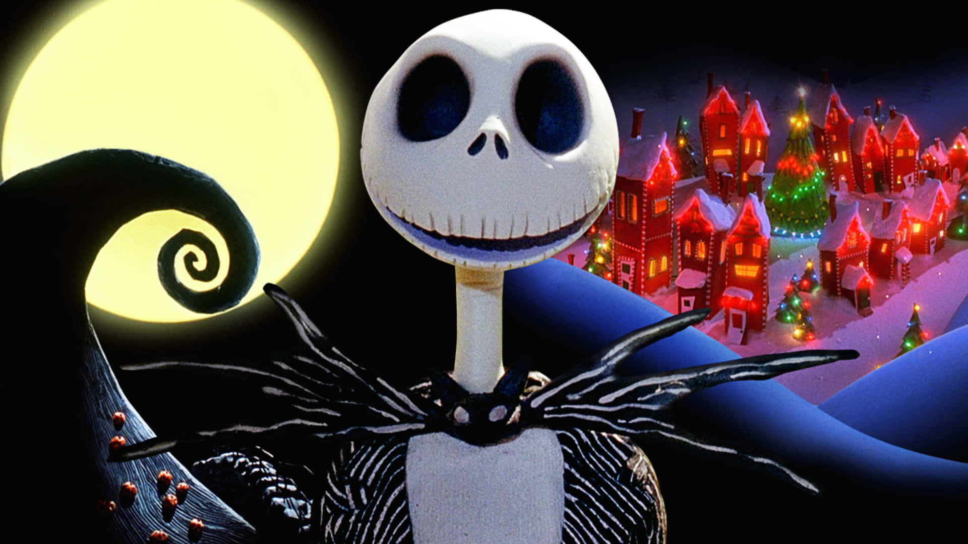 Jack Skellington 俯瞰著一個在滿月下為聖誕節裝飾的雪白小鎮。