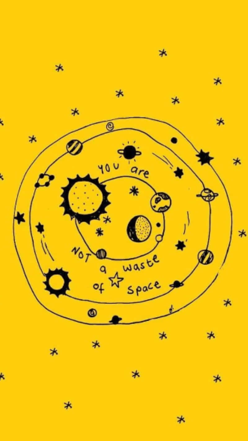 手繪太陽系，行星和星星在黃色背景上，帶有勵志文字。