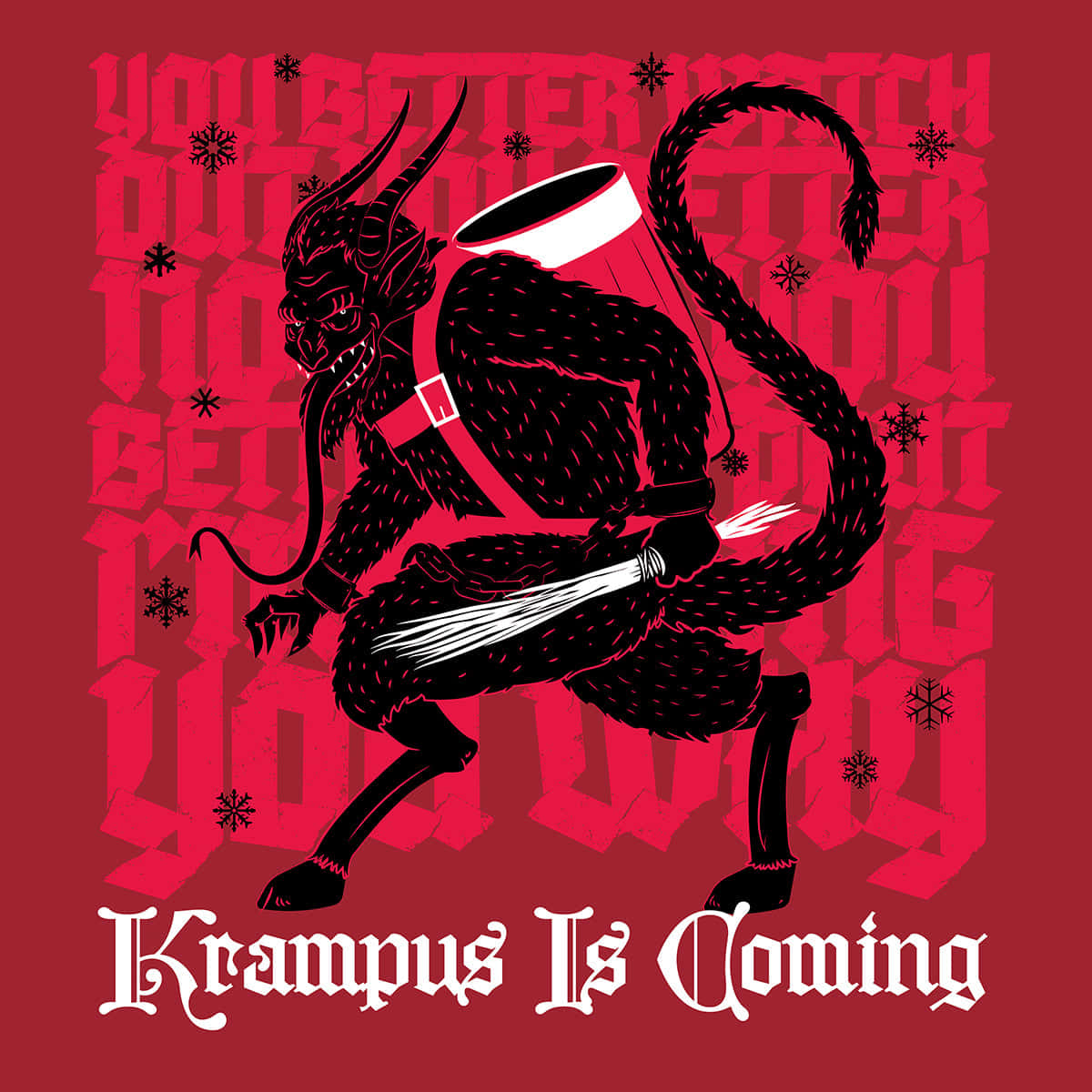 帶有角和鞭子的Krampus，背景為紅色，有雪花和文字。