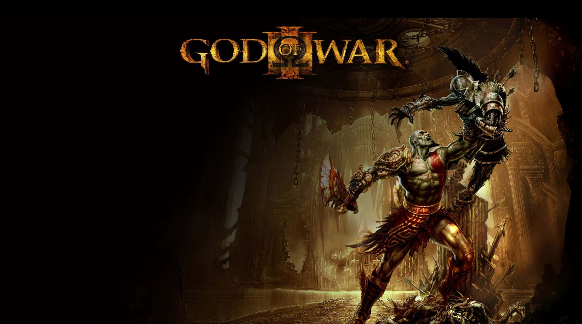 God of War 戰士在黑暗地牢中與怪物敵人戰鬥。