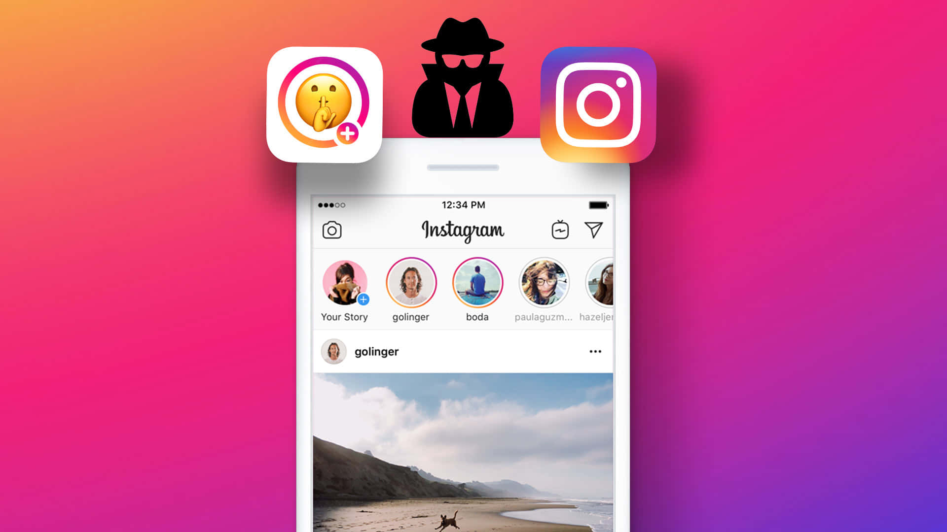 智能手機顯示Instagram應用程式，帶有海灘照片和浮動應用程式圖標，背景為彩色漸變色。