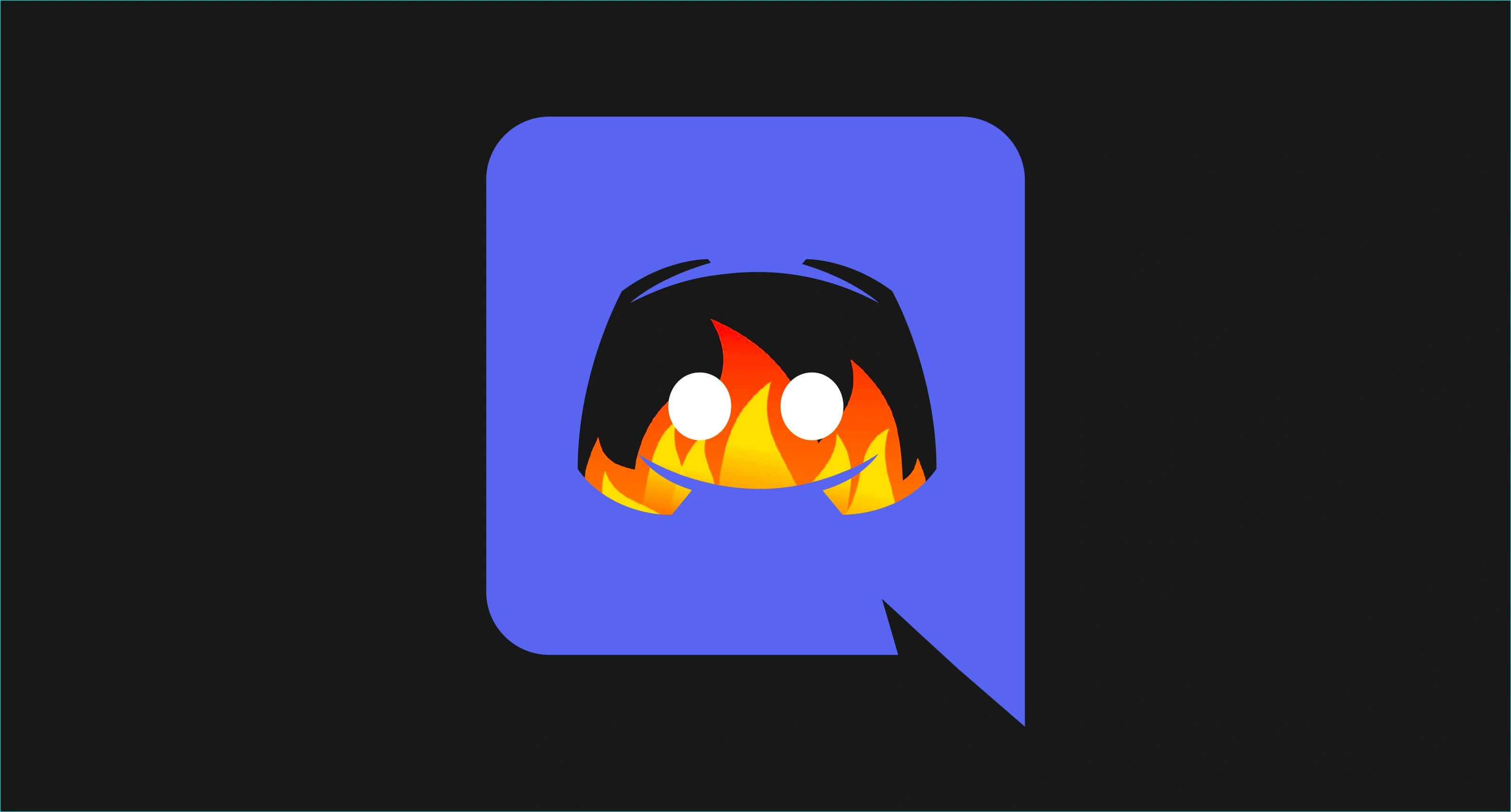 與全球玩家連線 – Discord 壁紙 — 一個黑色頭髮、臉部為熾熱橙色火焰的卡通角色，從深色背景上的藍色對話氣泡中探出頭來。