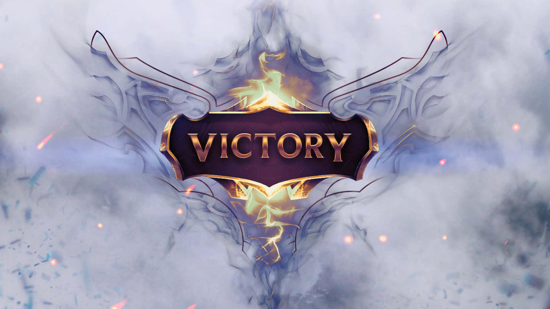 與其他玩家一同探索英雄聯盟的虛擬世界 壁紙 — 一個發光的金色「VICTORY」標誌從旋轉的迷霧中爆發，帶有火花和華麗的翅膀。