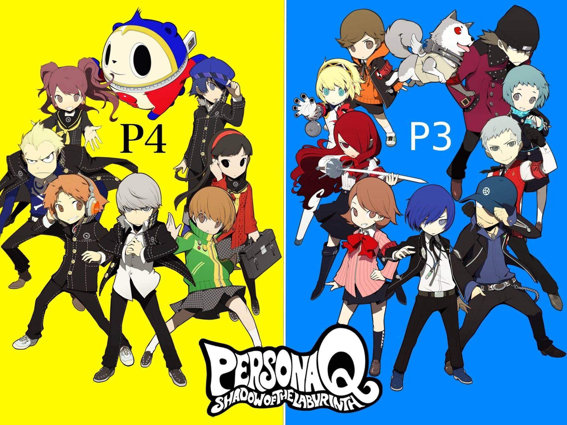 來自 Persona Q 的動漫角色由黃色和藍色背景及遊戲標誌分隔。