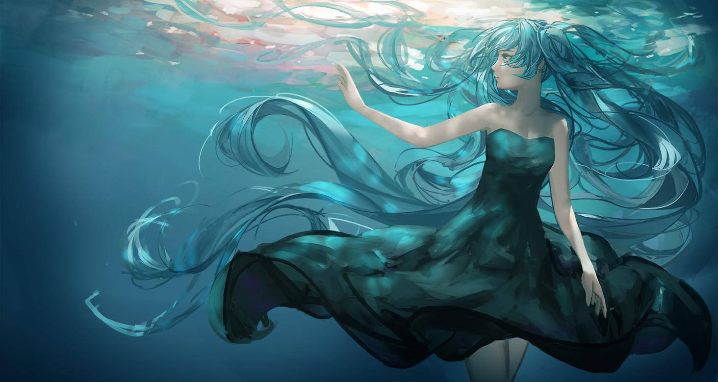 水中穿著青綠色連衣裙的長藍發動漫女孩