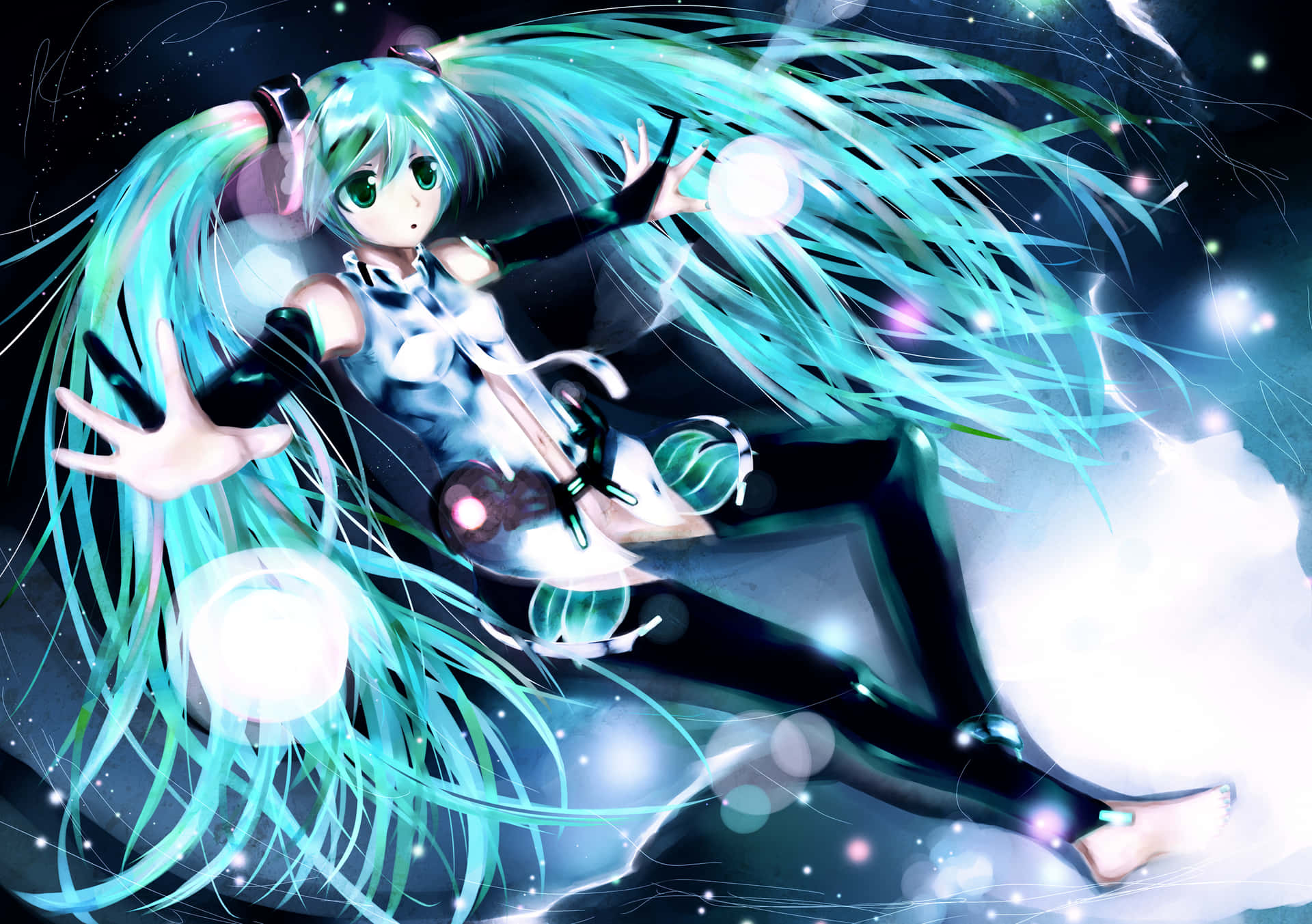 動漫女孩青綠色頭髮漂浮在太空中，被發光球體和星星包圍。