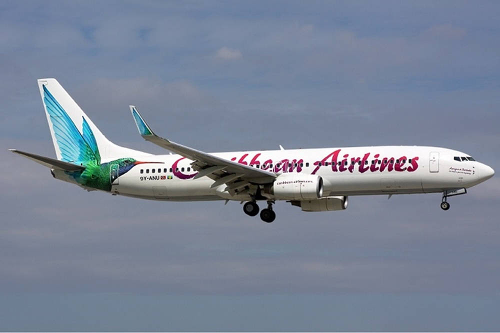 加勒比航空飛機帶蜂鳥設計在雲天中飛行