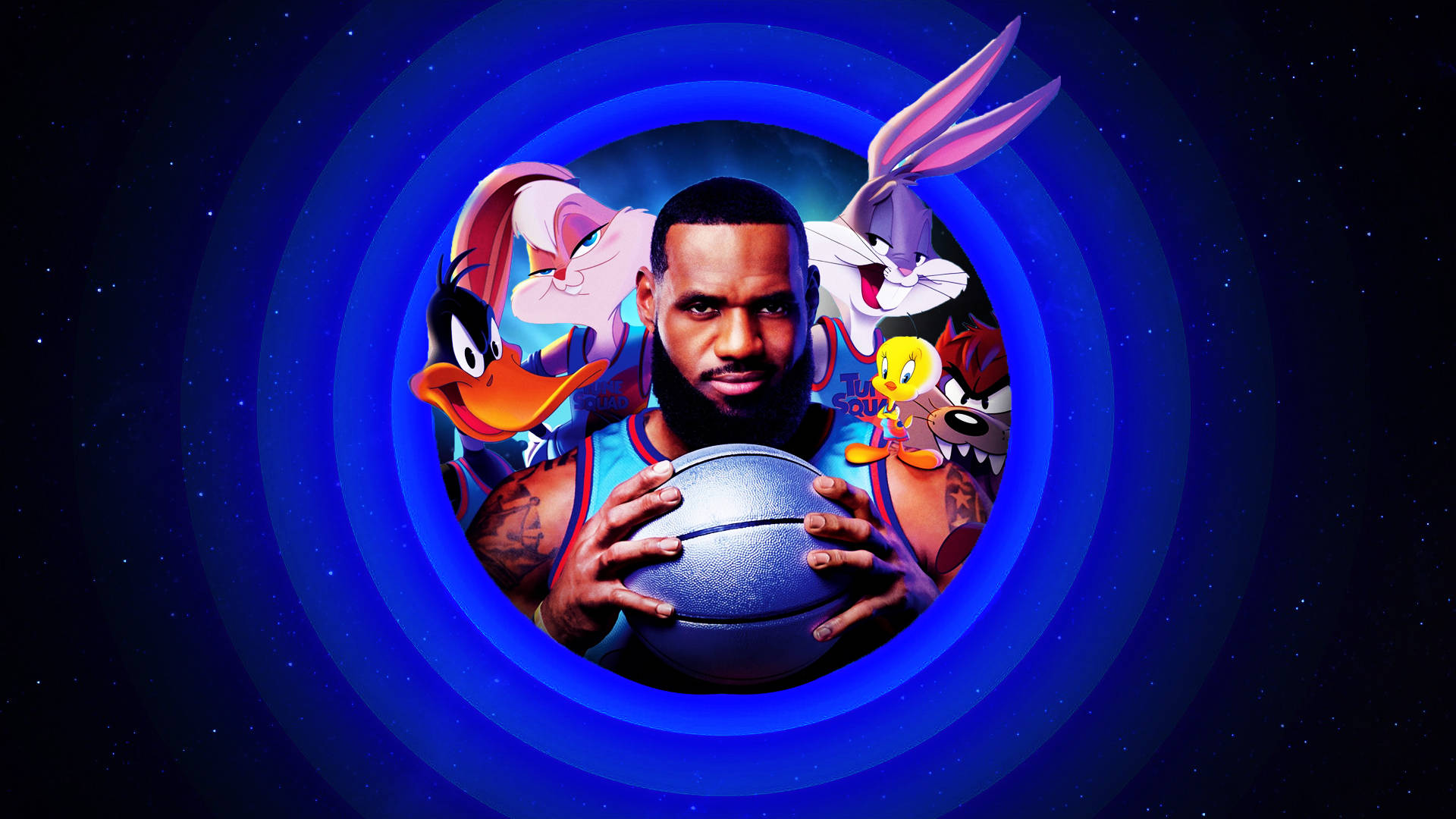 LeBron James 與樂一通角色在宇宙藍色漩渦中。