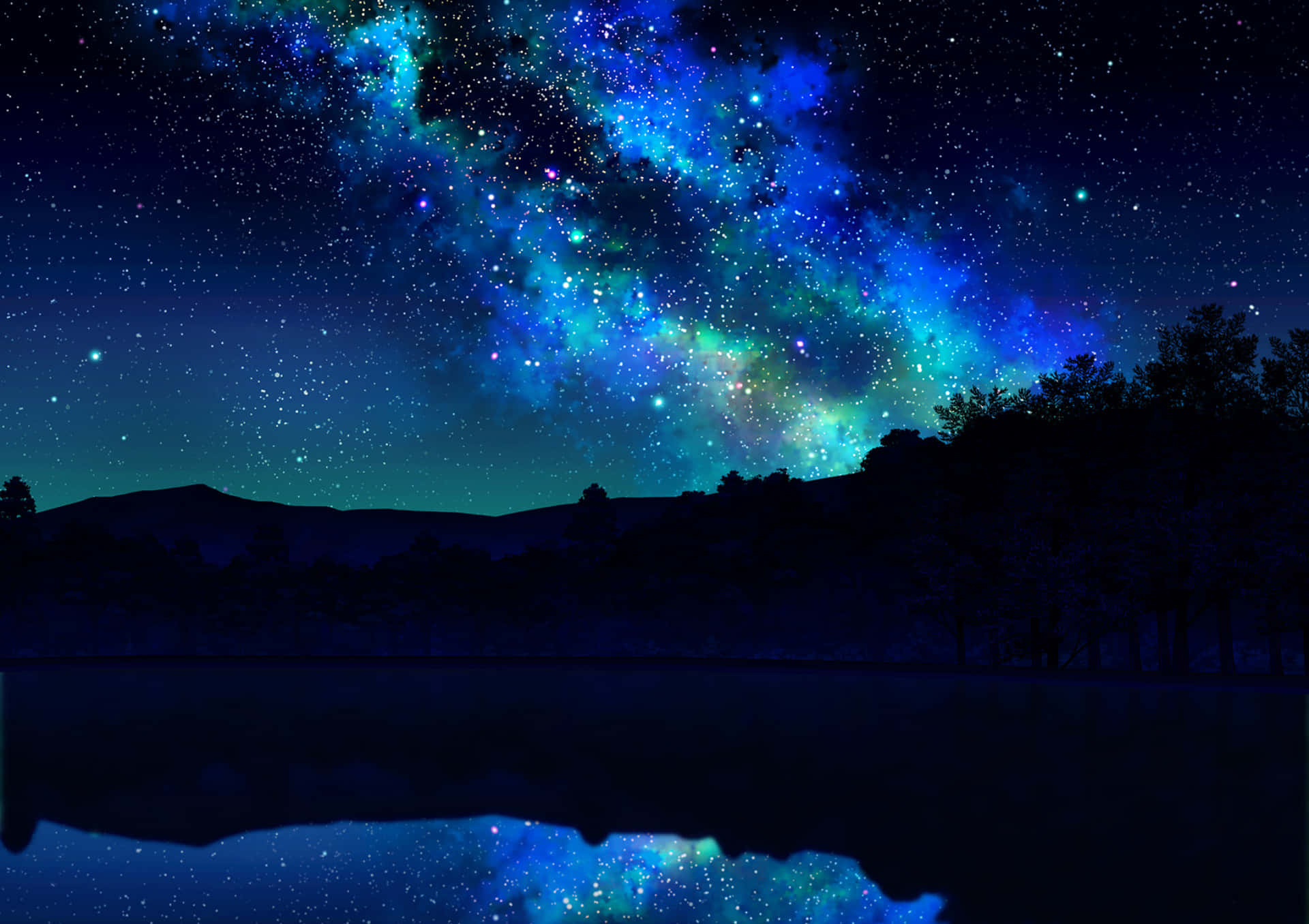 與動漫夜景一同探索魔法世界 壁紙 — 令人驚嘆的夜空，充滿了充滿活力的藍色和藍綠色星雲和星星，完美地倒映在下方平靜的湖面上。