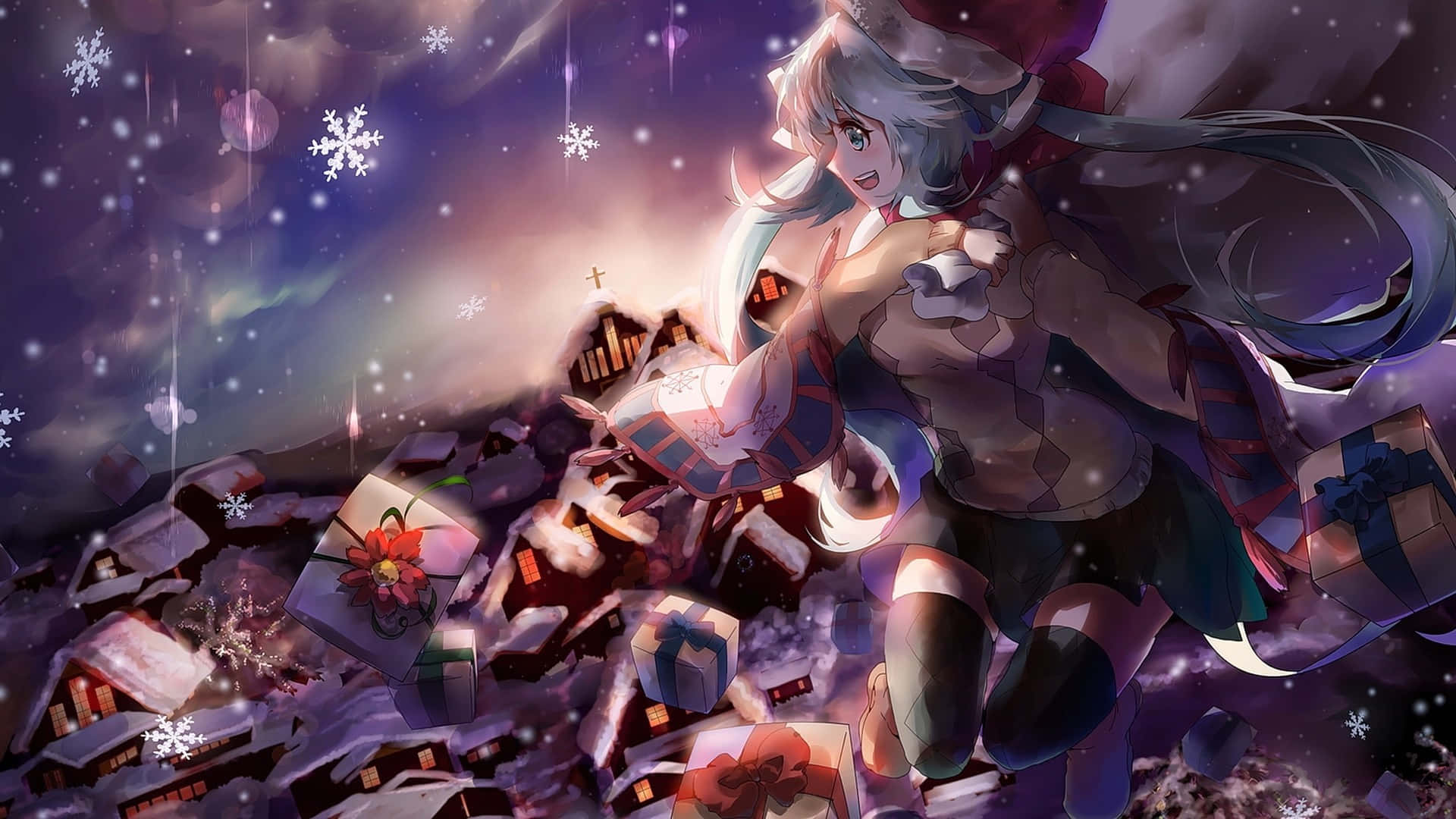 戴聖誕帽的動漫女孩在星空下穿過雪花和漂浮的禮物跳躍。