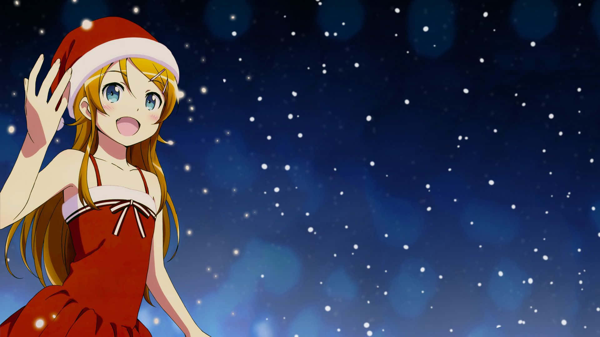 穿著紅色聖誕老人服裝的動漫女孩在星空下揮手