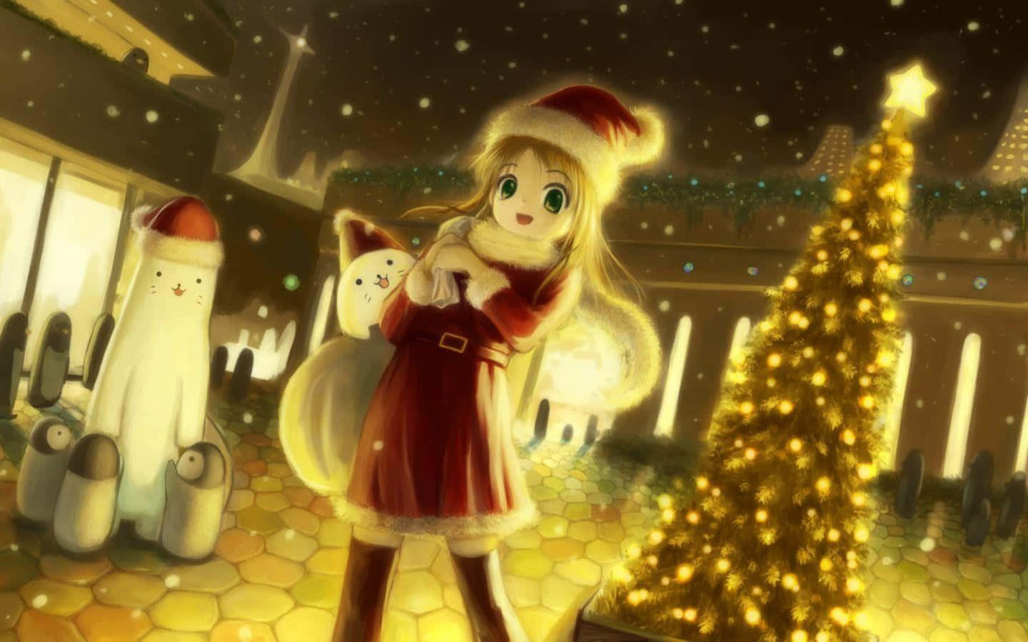 穿著聖誕老人服裝的動漫女孩在雪夜中靠近發光的聖誕樹擁抱雪人。