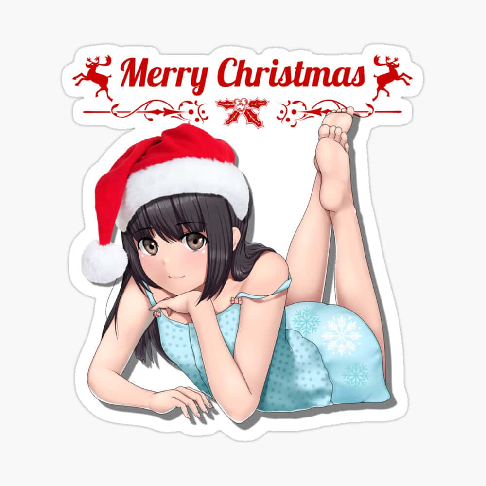 與動漫角色一同慶祝季節！ 壁紙 — 動漫女孩戴著聖誕帽，雙腿抬起，在節日聖誕橫幅前休閒地玩耍。
