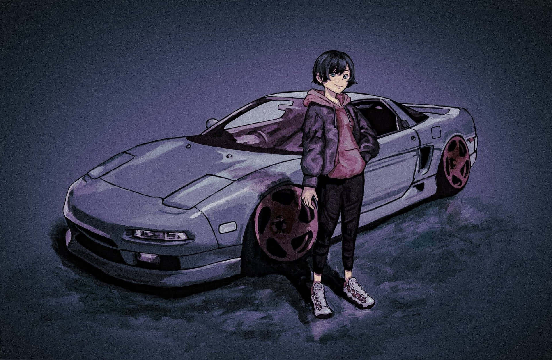 與動漫風格跑車一同展開高速冒險 壁紙 — 一個年輕的動漫角色自信地站在一輛時尚的銀色跑車旁，車輪帶有紅色輪圈，背景是陰鬱的紫色夜空。