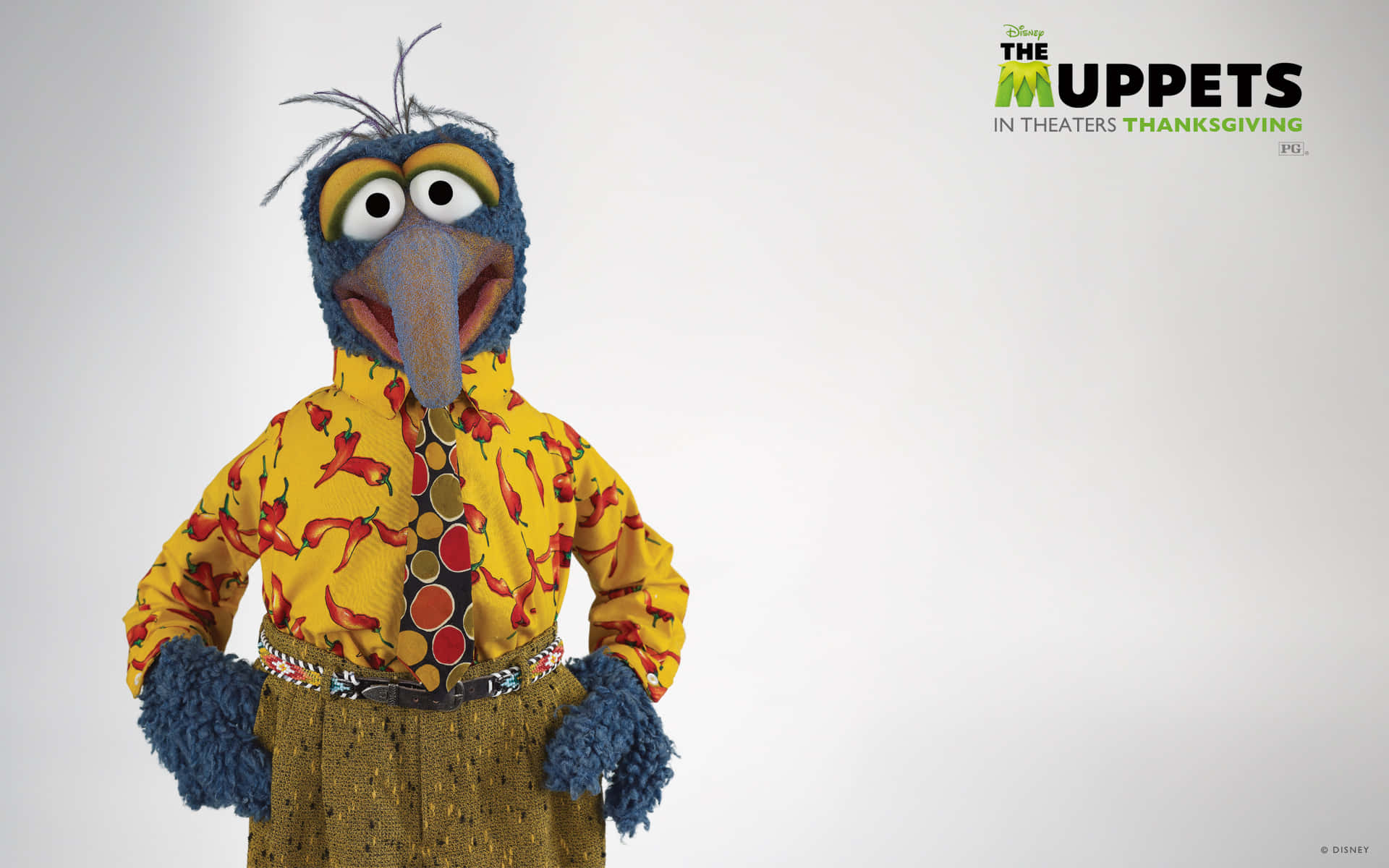 藍色Muppet角色著住黃色辣椒衫，為宣傳相擺甫士。