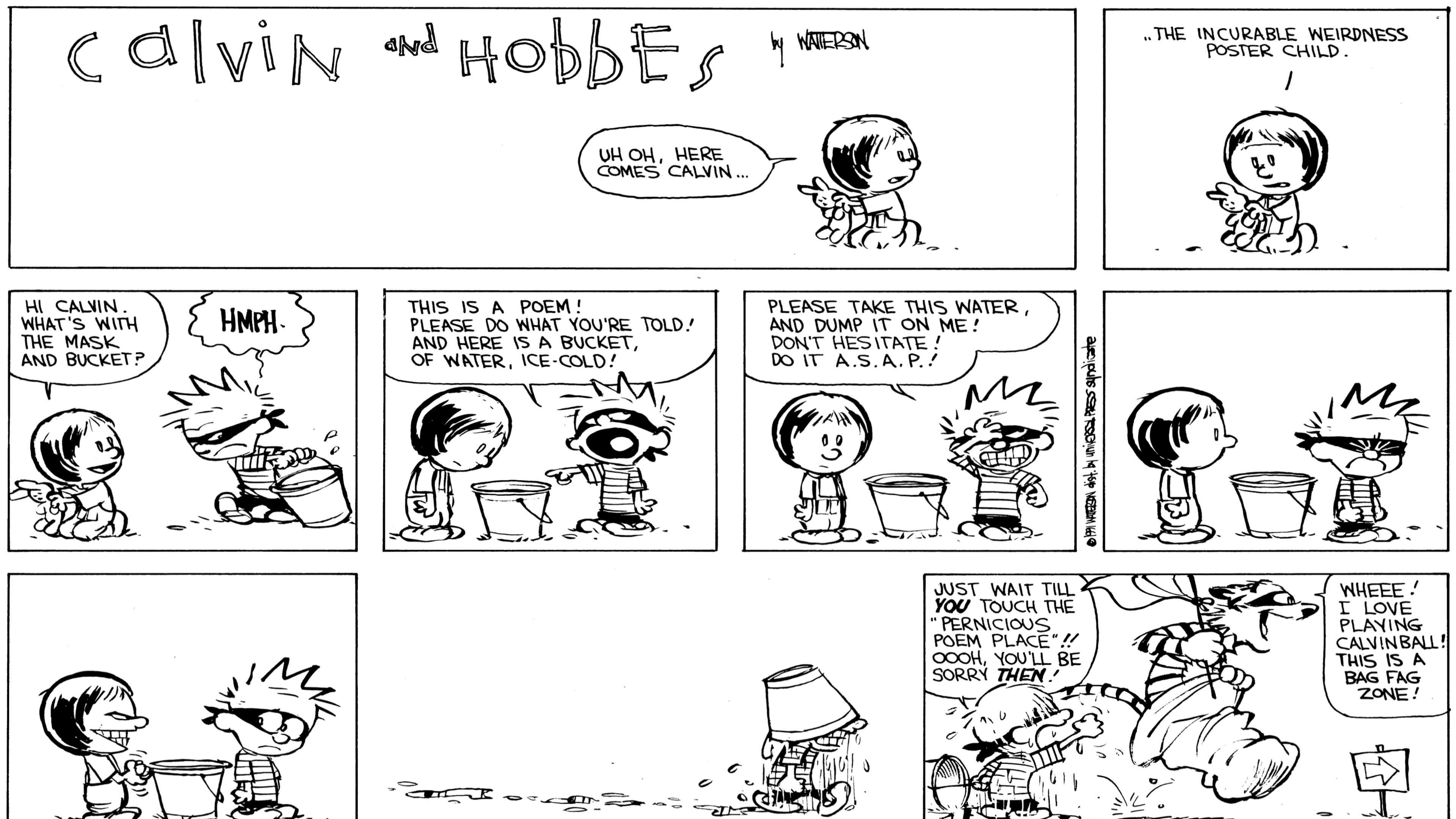 與卡爾文與霍布斯一同踏上想像冒險 壁紙 — Calvin 和 Hobbes 漫畫條，展示 Calvin 用一桶水進行混亂的惡作劇，以及 Hobbes 覺得有趣的反應。