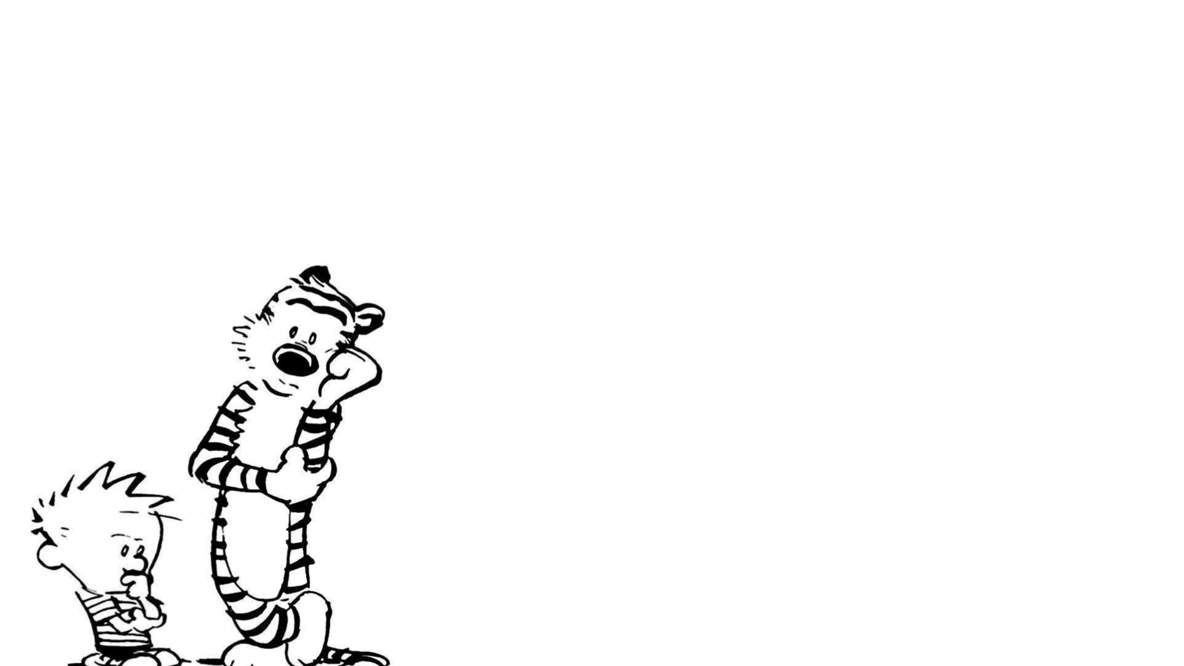 與卡爾文與霍布斯共度戶外美好時光 壁紙 — Calvin 和 Hobbes 以極簡風格一起站立的黑白卡通。