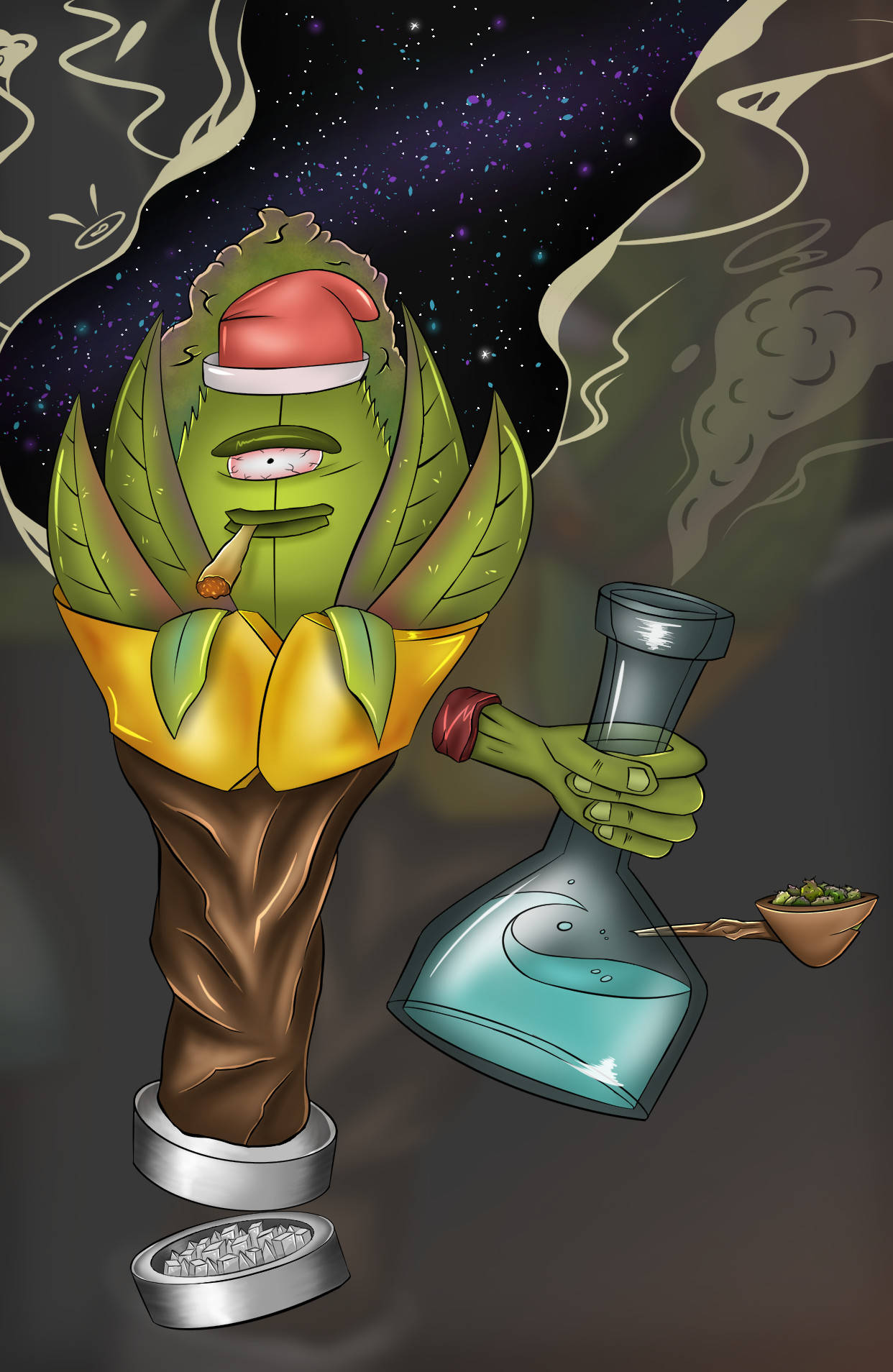 一個節日仙人掌戴著聖誕帽在星空下抽煙並拿著水煙壺。