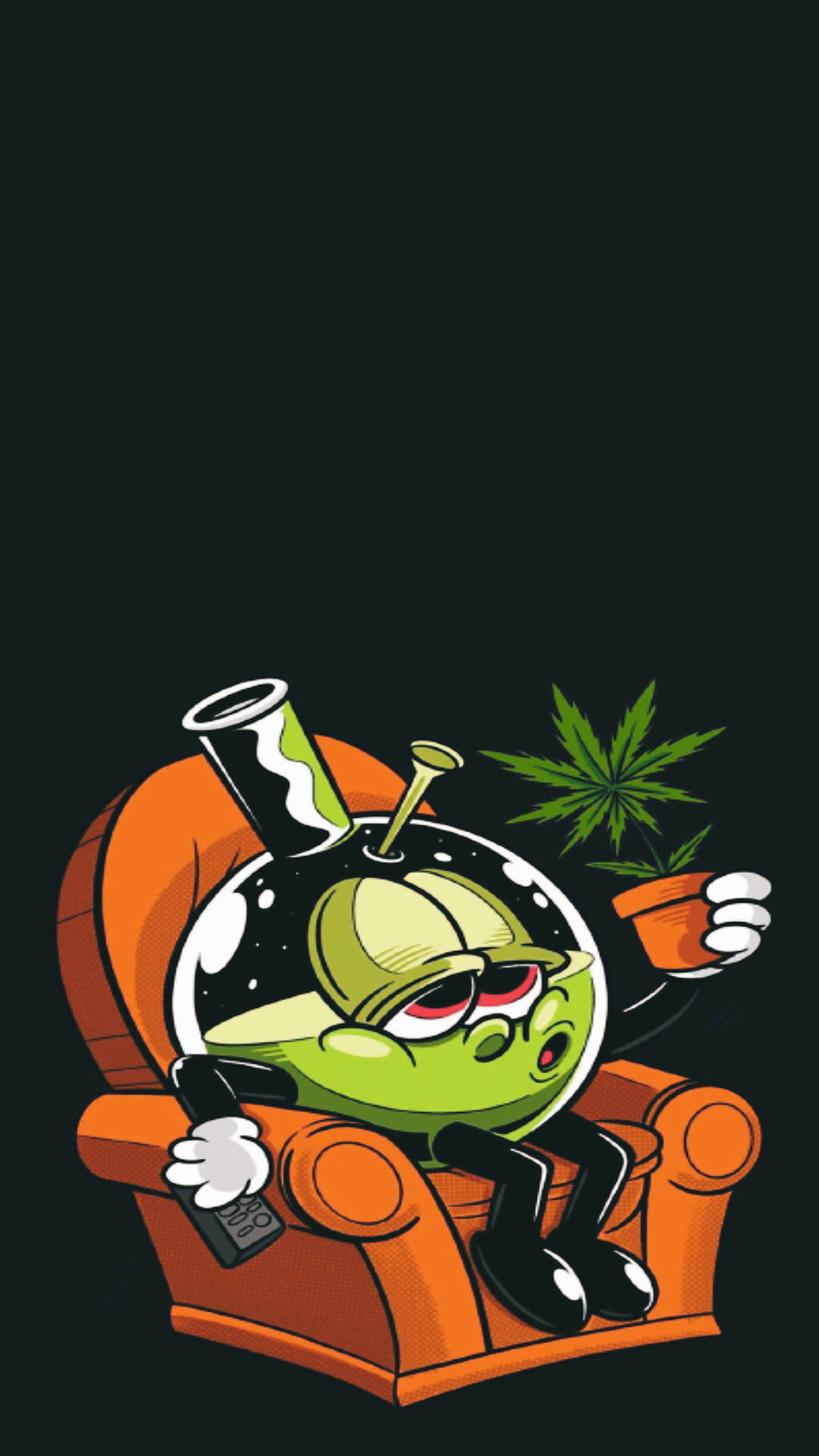 綠色外星人喺橙色扶手椅上揸住遙控器同一盆大麻植物。
