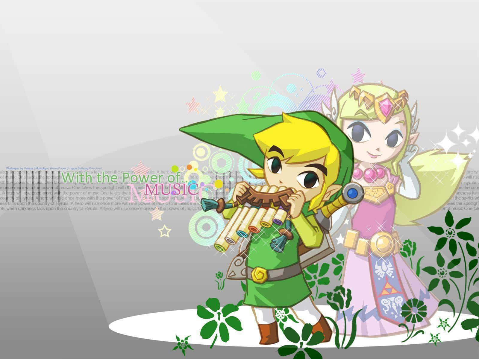 Link 在 Zelda 身旁，在花卉奇幻場景中吹奏陶笛。