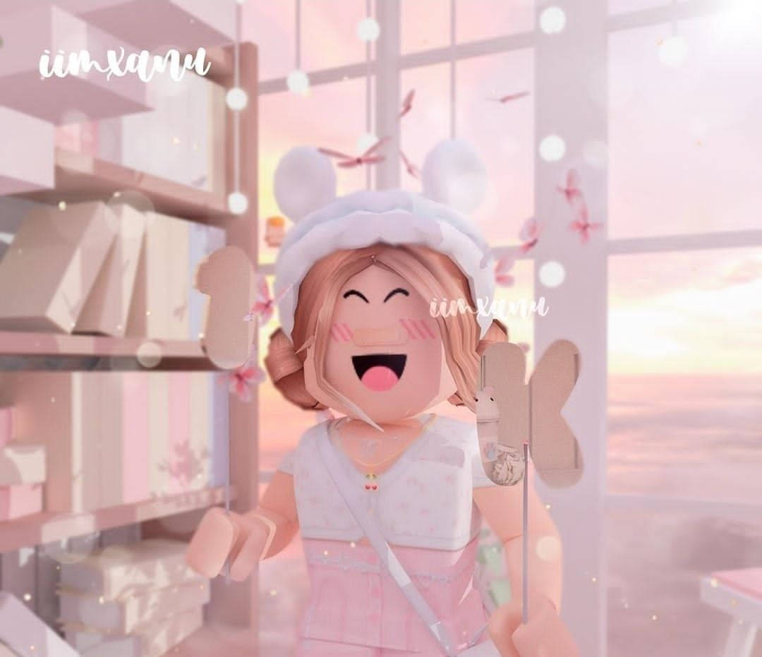 一個戴著兔耳和粉色服裝的開朗Roblox角色在夢幻粉彩房間裡。