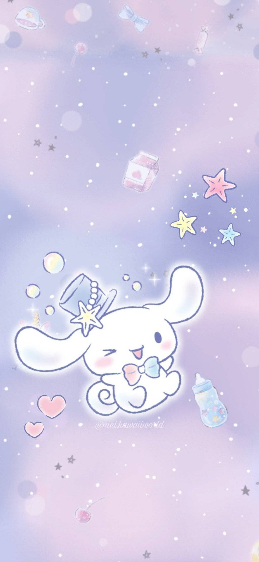 一隻戴著星星帽的可愛小白兔漂浮在帶有星星、心形和瓶子的粉彩天空中。