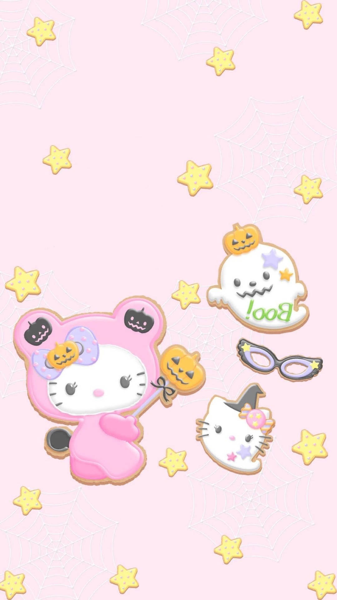 穿著萬聖節服裝的Hello Kitty角色，配有星星和蜘蛛網。