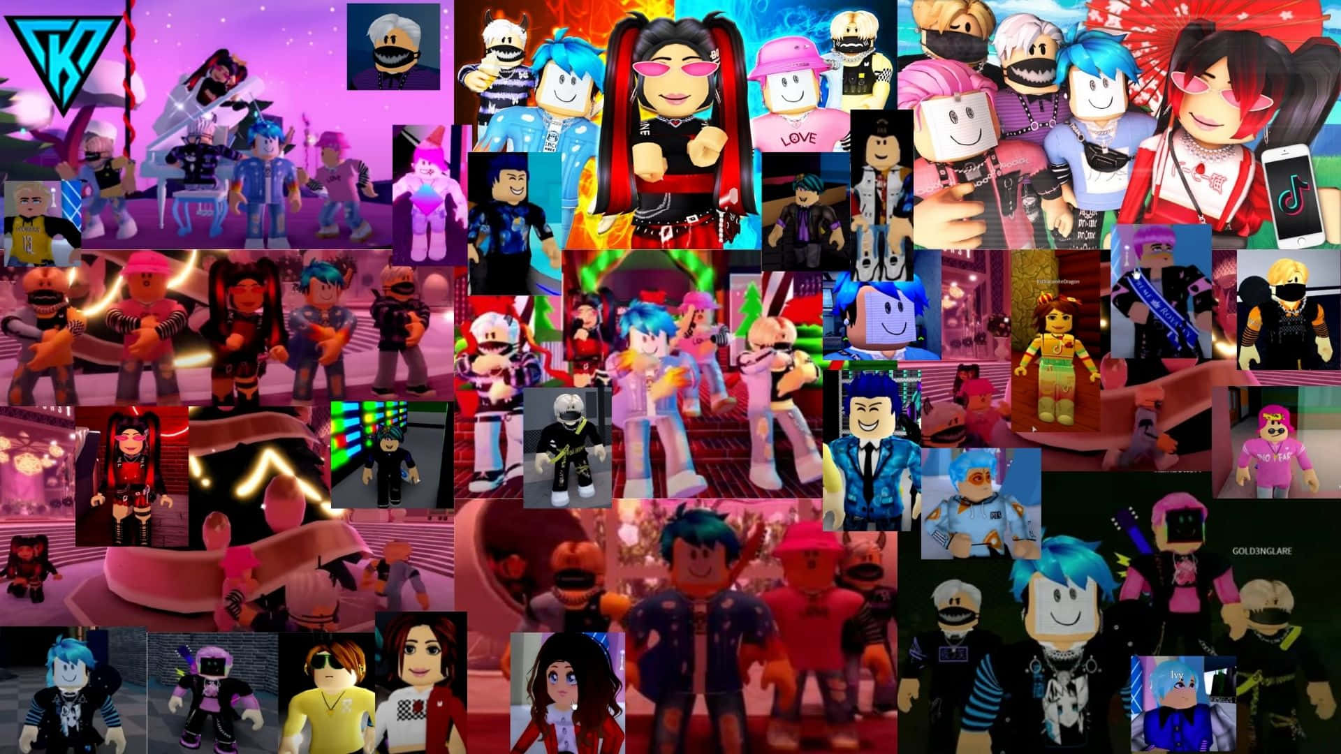 與可愛卡通拼貼一同歡樂 壁紙 — 一幅充滿活力的Roblox頭像拼貼畫，呈現色彩繽紛、風格化的數位場景，帶有發光效果和富有表現力的姿勢。