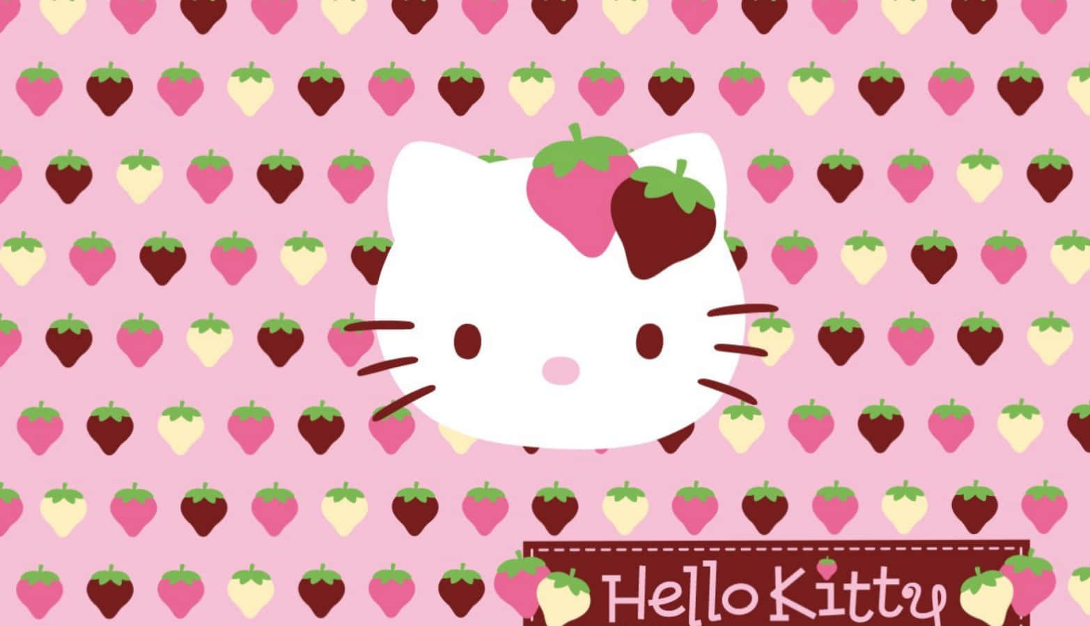 Hello Kitty 角色戴著士多啤梨蝴蝶結，背景為士多啤梨圖案。