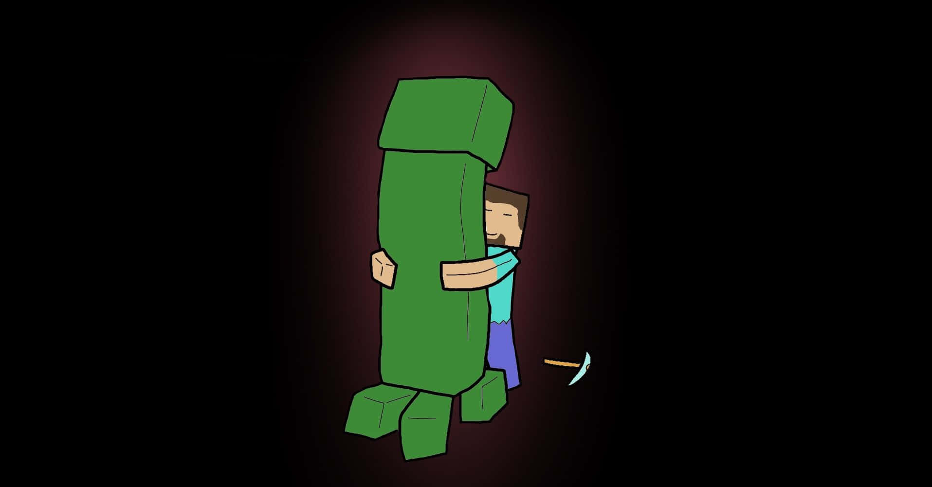 Minecraft角色擁抱綠色方塊，附近有鎬。