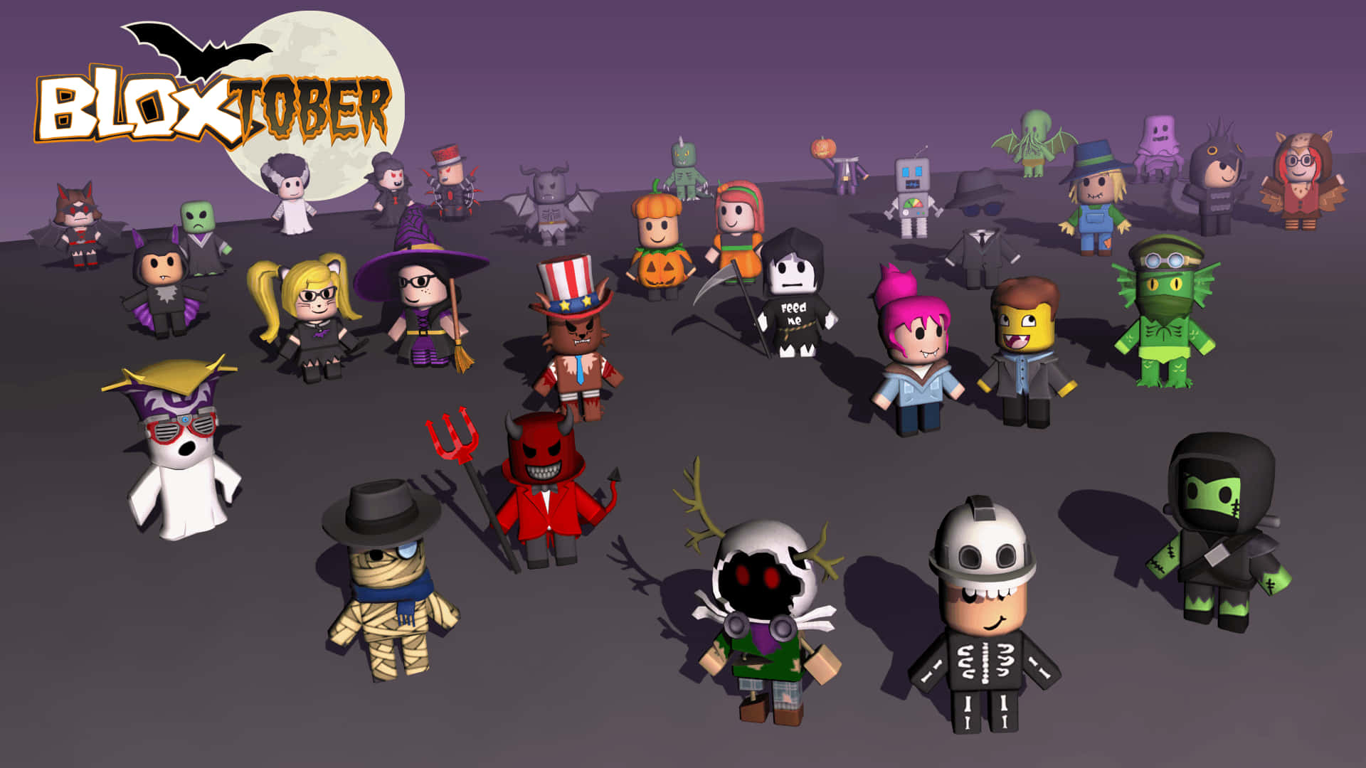 與可愛的Roblox新手角色一起探索世界！ 壁紙 — 一群方塊風格的 Roblox 角色穿著萬聖節服裝，在滿月下聚集，帶有蝙蝠標誌。
