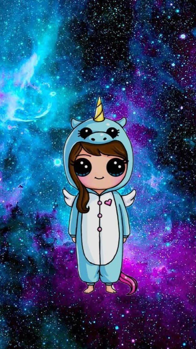 動漫女孩穿著獨角獸服裝漂浮在色彩繽紛的星空空間中。
