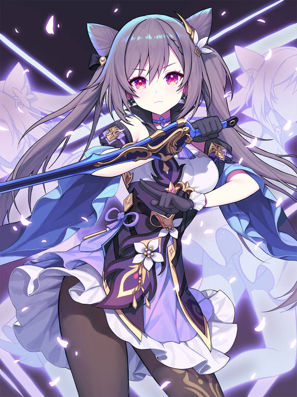 貓耳動漫少女在魔法般的紫色場景中手持發光劍。