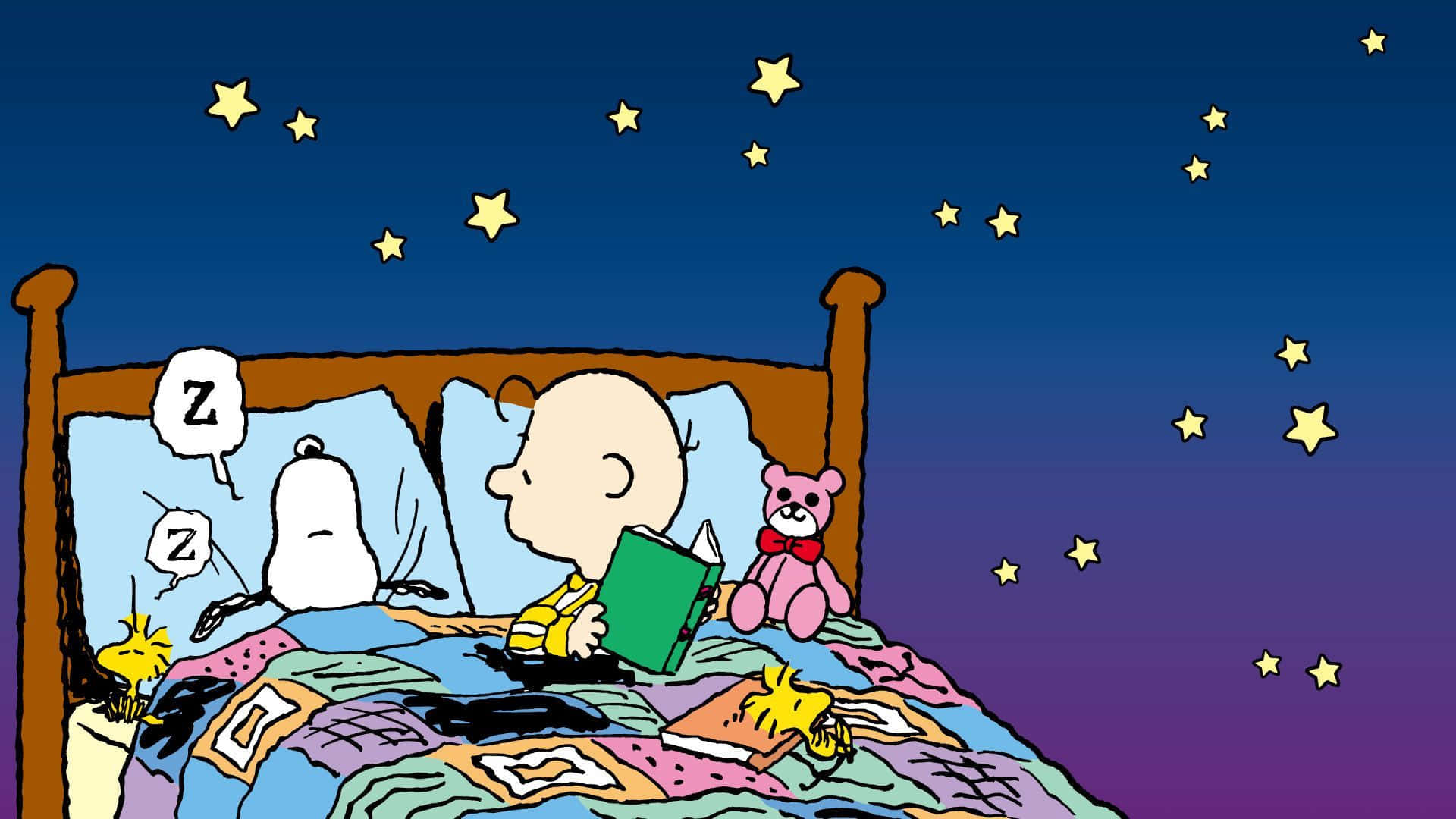 查理布朗在星空下的床上看書，史努比睡在他旁邊。